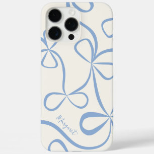 Coque iPhone 16 Pro Max Élégant Motif bleu clair Bow Nom personnalisé