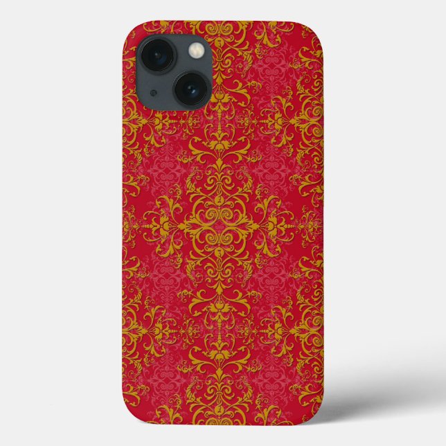 Coques Case-Mate iPhone Élégant motif damassé floral or et rose profond (Verso)