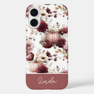Coque Pour iPhone 16 élégant motif de citrouille et de fleurs personnal