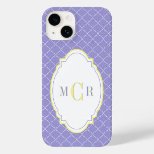 Coque Case-Mate iPhone Élégant motif de damas bleu jaune monogramme franç