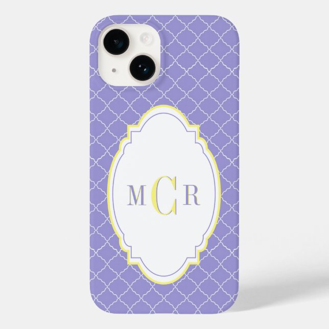 Coques Case-Mate iPhone Élégant motif de damas bleu jaune monogramme franç (Verso)