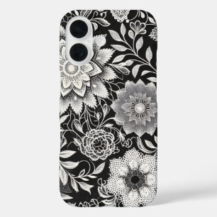 Coque Pour iPhone 16 Élégant Motif de dentelle florale noir et blanc