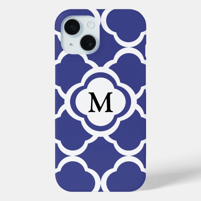 Coques Case-Mate iPhone Élégant Motif de Quatrefoil Bleu Monogramme (Verso)
