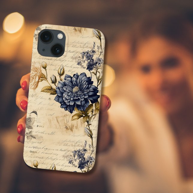 Coques Case-Mate iPhone Élégant motif floral crème bleue (Créateur téléchargé)