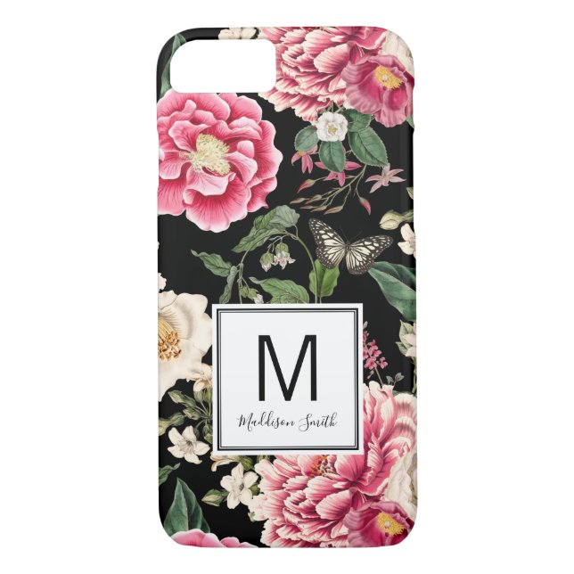 Coques Case-Mate iPhone Élégant motif floral foncé Ajouter votre nom (Dos)