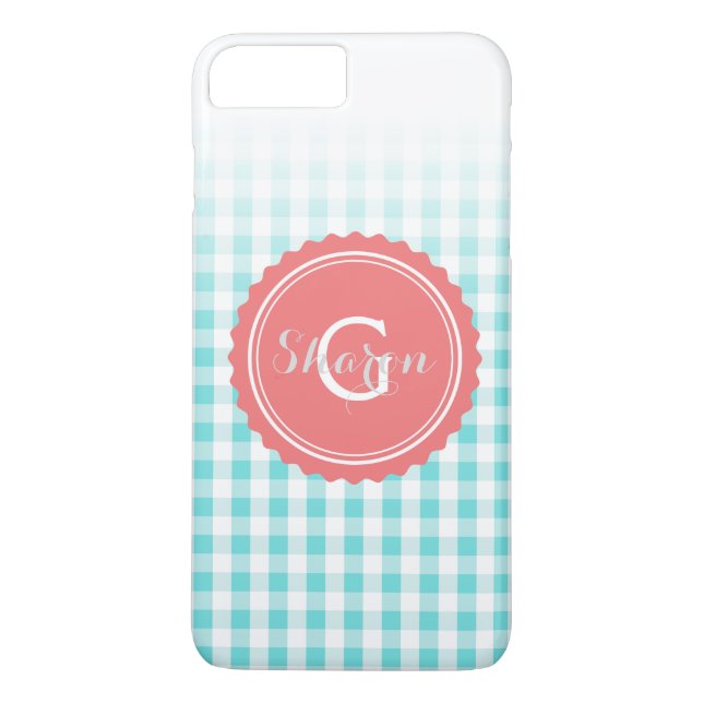Coques Case-Mate iPhone élégant motif gingham turquoise monogramme prépa (Dos)