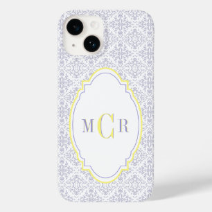 Coque Case-Mate iPhone Élégant motif monogramme damassé bleu jaune frança