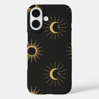 Coque Pour iPhone 16 Élégant motif soleil et lune or iPhone 16 noir