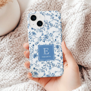 Coque Case-Mate iPhone Élégant motif toile de Jouy bleu avec monogramme