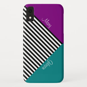 Coque Case-Mate iPhone Élégant noir blanc rayé violet violet et Turquoise