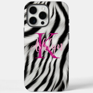Coque iPhone 16 Pro Max Élégant noir blanc zèbre animal rose monogramme