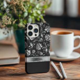 Coque iPhone X Elégant noir et métal argenté Damas florales