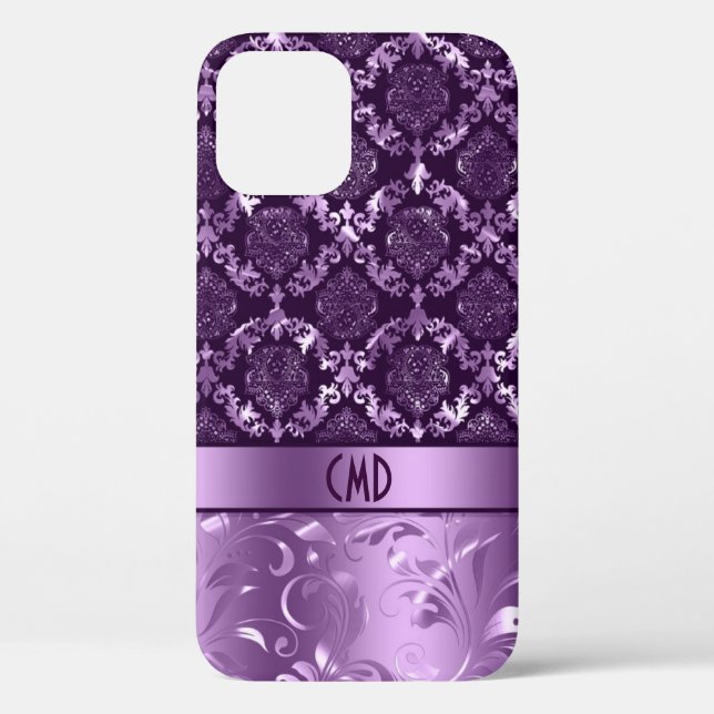 Coques Case-Mate iPhone Élégant noir et métal violet Damas & dentelle C (Verso)