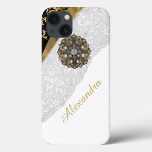 Etui iPhone 13 élégant noir et or blanc dentelle