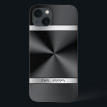Coque Case-Mate iPhone Élégant noir métal imprimé argent Accent<br><div class="desc">Élégante impression de texture métallique noire brillante,  look en acier inoxydable,  accents de rayures argentées et monogramme personnalisé. Design moderne et élégant.</div>