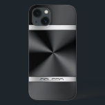 Coque Case-Mate iPhone Élégant noir métal imprimé argent Accent<br><div class="desc">Élégante impression de texture métallique noire brillante,  look en acier inoxydable,  accents de rayures argentées et monogramme personnalisé. Design moderne et élégant.</div>