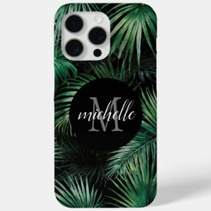 Coque Case-Mate iPhone Élégant noir vert Tropical Palm Feuilles Monogramm
