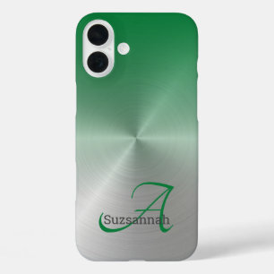 Coque Pour iPhone 16 Plus Élégant nom de monogramme Ombre vert Faux métal