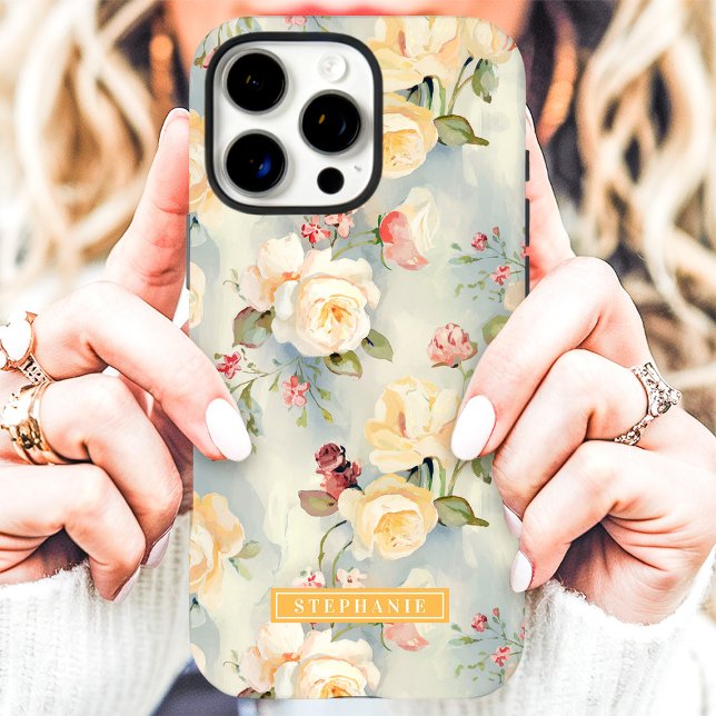 Coques Case-Mate iPhone Élégant Nom Floral Jaune et Pêche  (Créateur téléchargé)