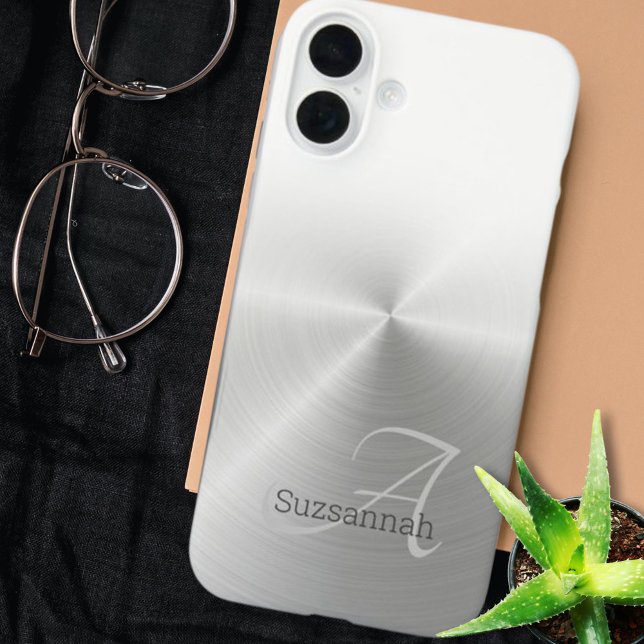 Coques Case-Mate iPhone Élégant Nom Monogramme Blanc Ombre Faux Métal (Phone case back cover brushed faux metal monogram and name template)