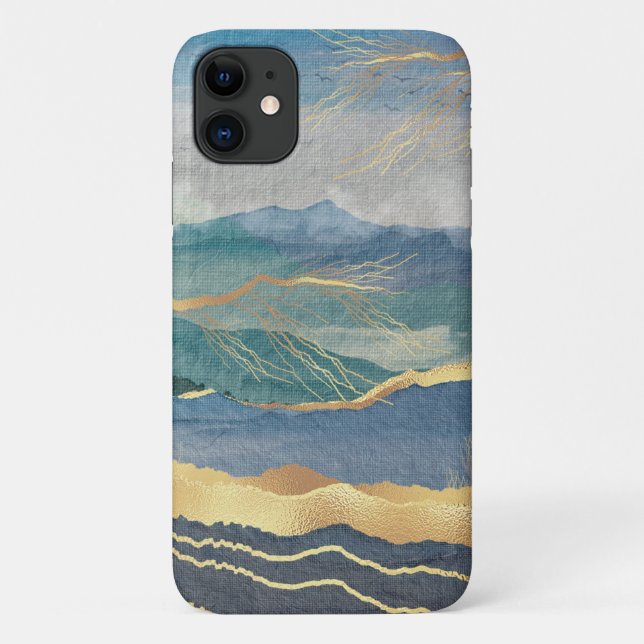 Coques Case-Mate iPhone Elégant or bleu paysage Art (Dos)