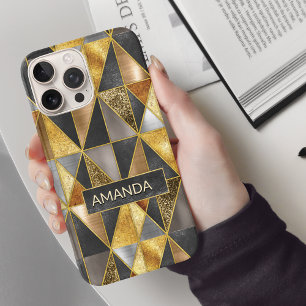 Coque iPhone 16 Pro Elégant or noir argent triangles géométriques