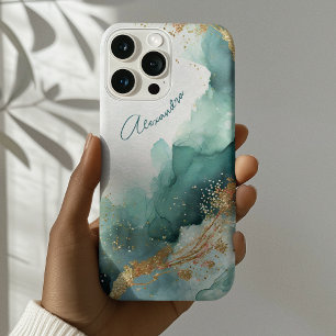 Coque iPhone 16 Pro Max Elégant or Turquoise Abstrait Aquarelle Nom person
