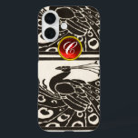 COQUES iPhone 16  ÉLÉGANT PAON NOIR BLANC RUBIS ROUGE GEMME MONOGRAM<br><div class="desc">Élégant,  chic paon noir et blanc Art nouveau avec une pierre précieuse 3D brillante. .Élaboration graphique numérique par Bulgan Lumini (c) .Partie de la collection ARCADIA .</div>