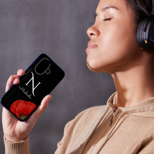 Coque Pour iPhone 16 Élégant pavot rouge monogramme sur noir