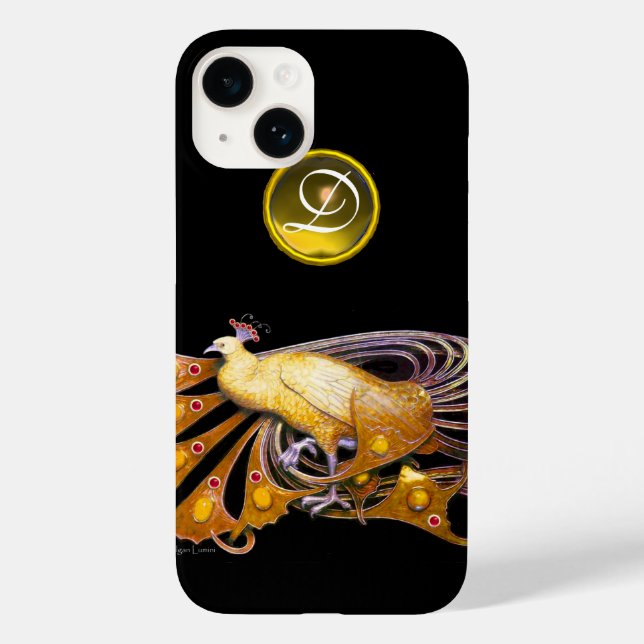 Coques Case-Mate iPhone ÉLÉGANT PEACOCK EN JAUNE, MONOGRAMME TOPAZ, noir (Verso)