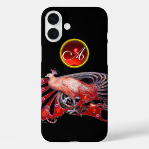 COQUES iPhone 16 PLUS ÉLÉGANT PEACOCK EN ROUGE, MONOGRAMME DE RUBY