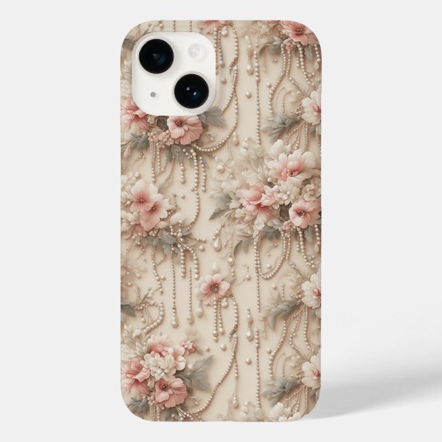 Coques Case-Mate iPhone Elegant Pink Floral and Cascading White Pearls Lux (Verso)