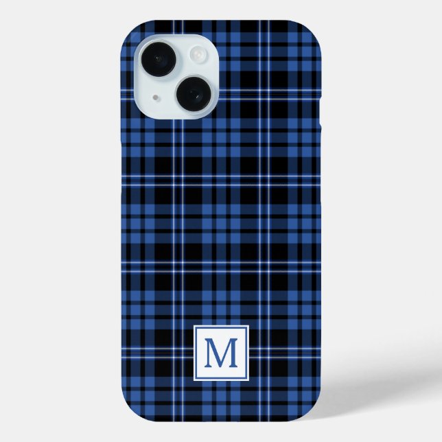 Coques Case-Mate iPhone Élégant Plaid bleu Monogramme (Verso)