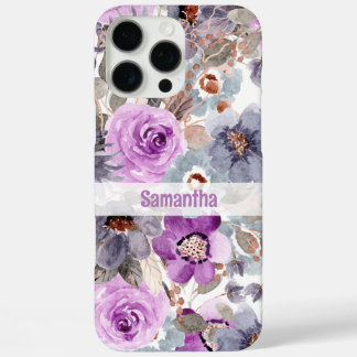 Coque iPhone 16 Pro Max Élégant Purple Floral Nom personnalisé