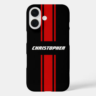 Coque Pour iPhone 16 Élégant Red Black Racing Stripes Monogrammed Nom