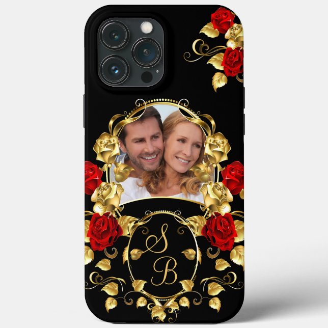 Coques Case-Mate iPhone Élégant Red Roses Gold Black Photo Monogramme (Verso)