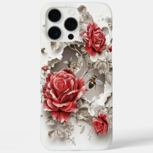 Coque iPhone 16 Pro Max Élégant Rose 3D, abeilles et beauté botanique