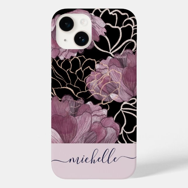 Coques Case-Mate iPhone Élégant rose et noir floral Monogramme (Verso)