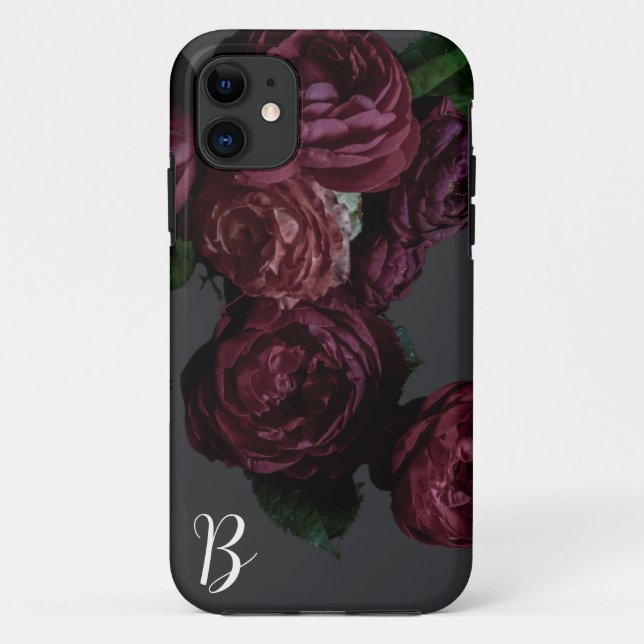 Coques Case-Mate iPhone Élégant Rose floral foncé Monogramme I Téléphone C (Dos)