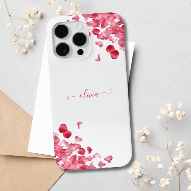 Coques Case-Mate iPhone Élégant Rose Rouge Pétales Floral Personnalisé Nom (Créateur téléchargé)