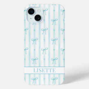 Coque Case-Mate iPhone Élégant Ruban Coquette Rayé Monogrammé Aqua