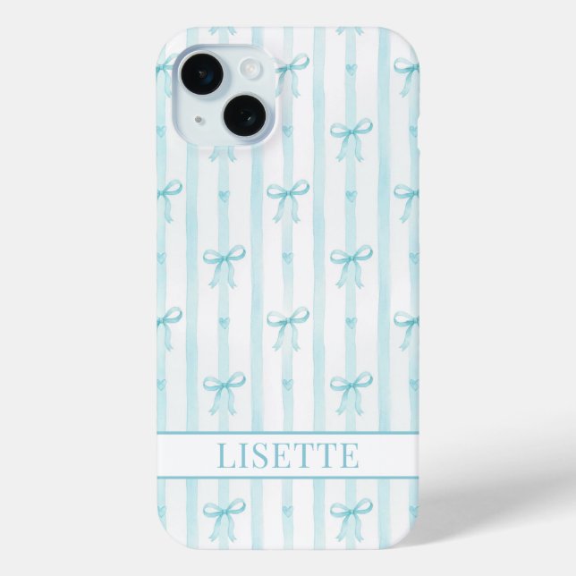Coques Case-Mate iPhone Élégant Ruban Coquette Rayé Monogrammé Aqua (Verso)