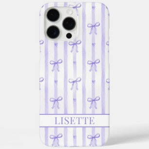 Coque iPhone 16 Pro Max Élégant Ruban Coquette Rayé Violet Monogrammé