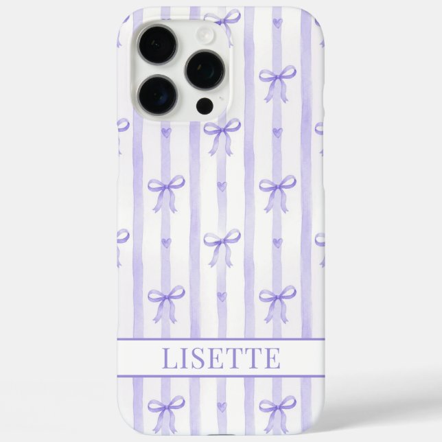 Coques Case-Mate iPhone Élégant Ruban Coquette Rayé Violet Monogrammé (Verso)