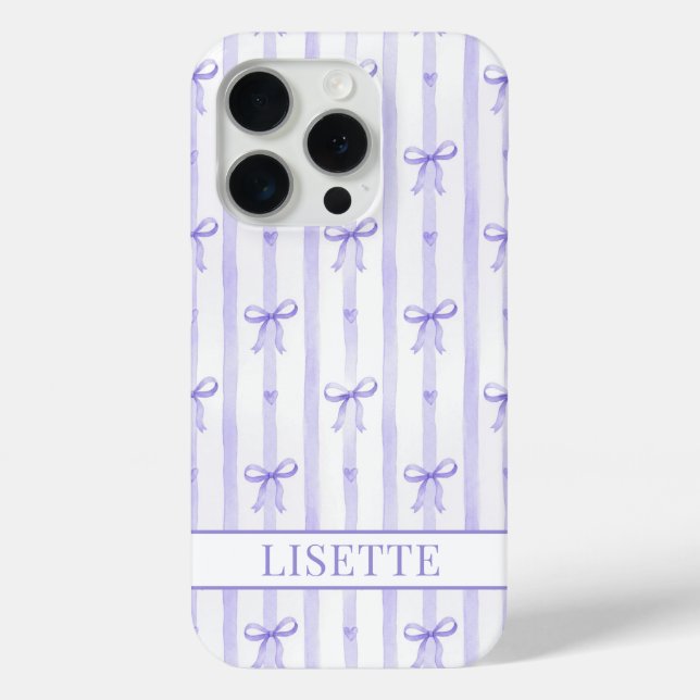 Coques Case-Mate iPhone Élégant Ruban Coquette Rayé Violet Monogrammé (Verso)