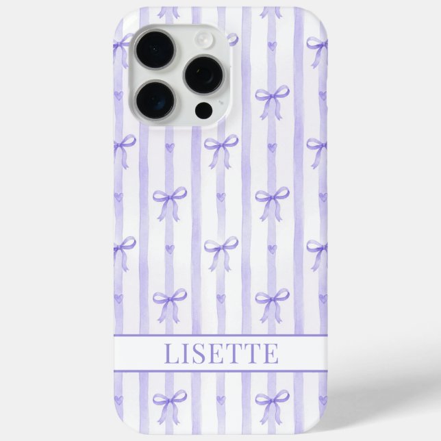 Coques Case-Mate iPhone Élégant Ruban Coquette Rayé Violet Monogrammé (Verso)