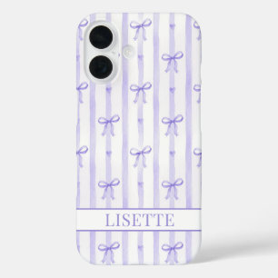 Coque Pour iPhone 16 Élégant Ruban Coquette Rayé Violet Monogrammé