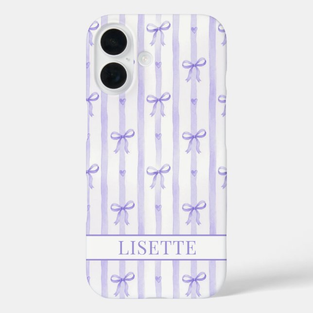Coques Case-Mate iPhone Élégant Ruban Coquette Rayé Violet Monogrammé (Verso)