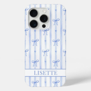 Coque Case-Mate iPhone Élégant Rubans Coquette Rayés Monogrammés Bleus