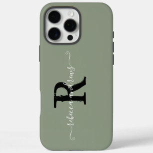 Coque iPhone 16 Pro Max Élégant Sage Vert Incitants Monogramme Nom du scri